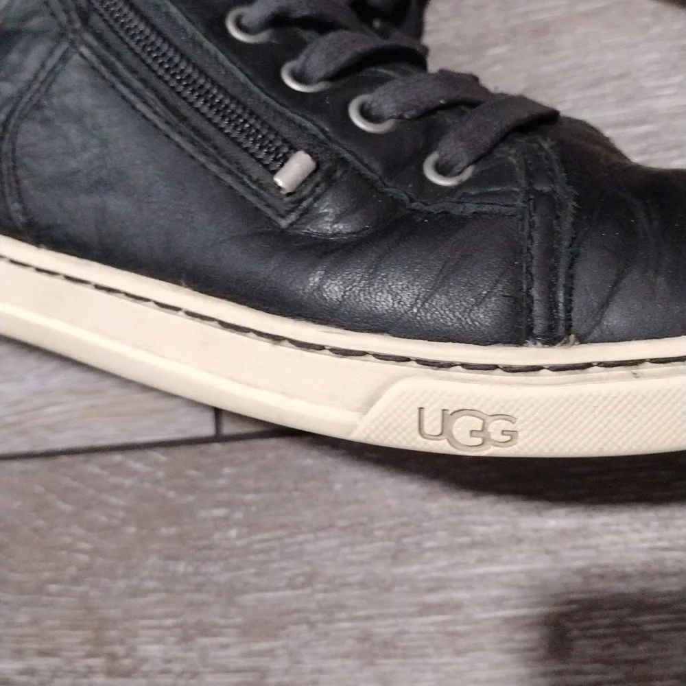 UGG womens black leather zip or lace high top sneakers. Size 8